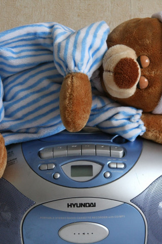 спит, медведь, магнитофон, игрушка, мишка, пижама