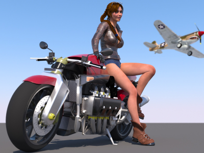 рендеринг, небе, в, девушка, самолет, арт, мотоцикл