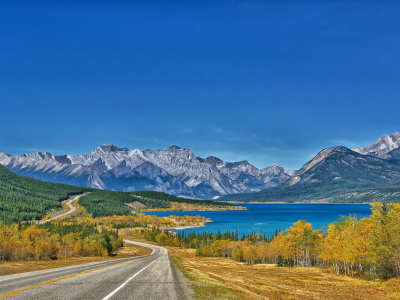 пейзаж, горы, дорога, abraham lake, озеро