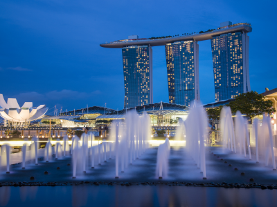 sky, singapore, lights, night, architecture, skyscrapers, blue, gardens by the bay, fountains