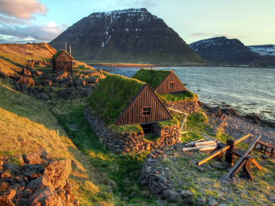 дома, исландия, горы, море