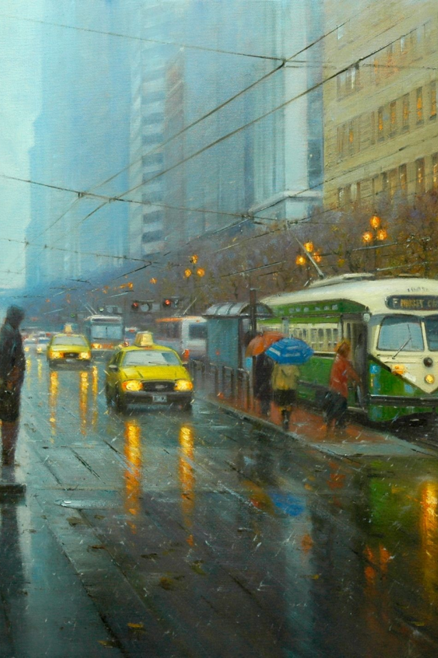 трамвай, картина, po pin lin, город, арт, дождь, улица, люди