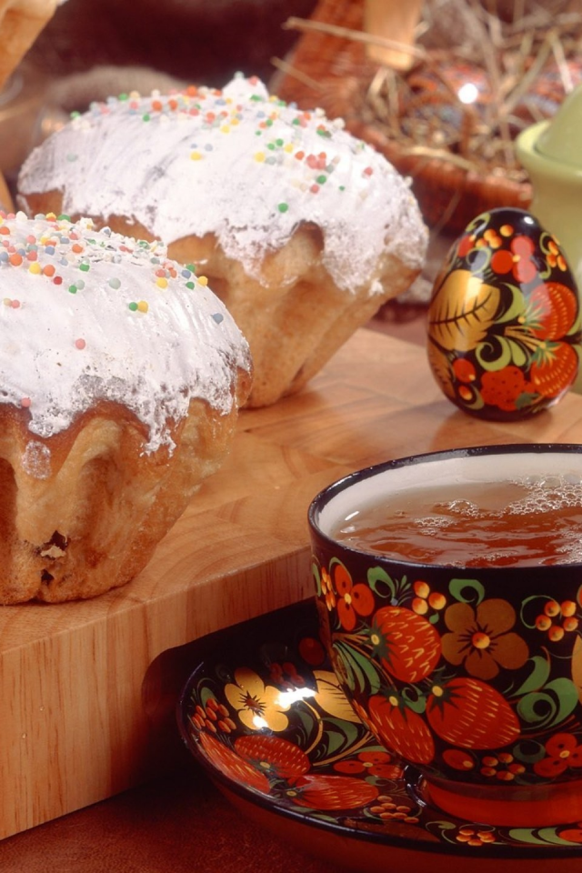 кулич, хохлома, посыпка, пасха, яйцо, easter, праздник, чай