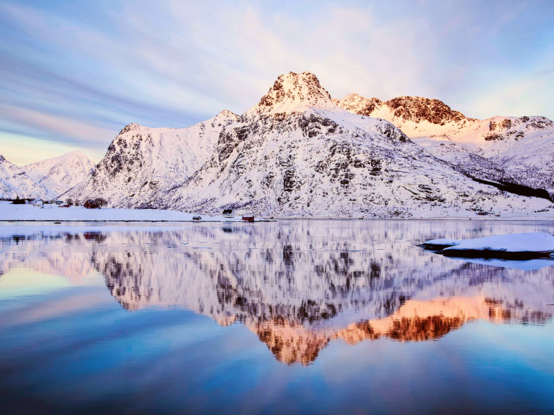 снег, норвегия, небо, flakstad__ya fjord, горы, зима, отражения