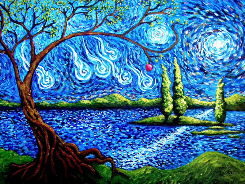 дерево, арт, остров, абстракция, небо, яблоко, озеро