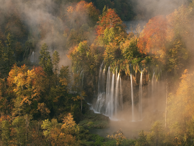 осенние цвета, утренний туман, водопад veliki pr__tavac