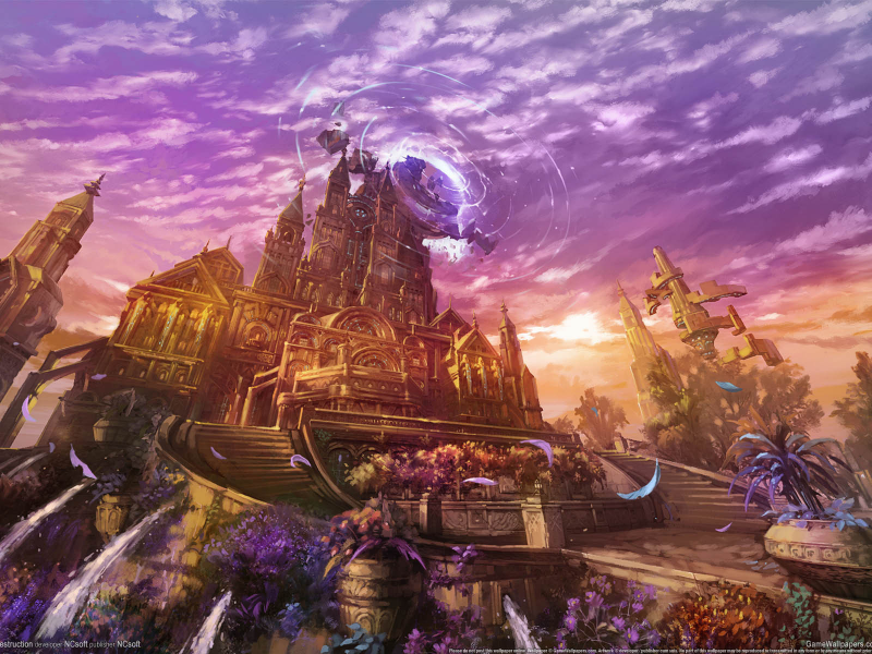 castle, sunset, game wallpapers, fantasy, magic, flowers, city, lineage 2 goddess of destruction