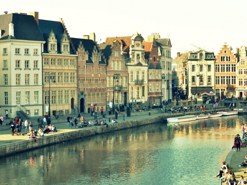 отражение, бельгия, дома, гент, вода, город, здания
