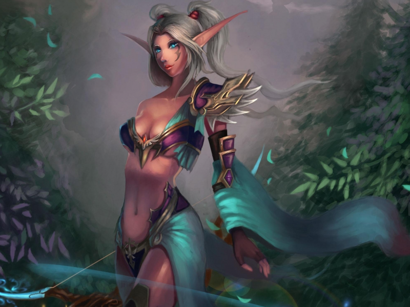 девушка, night elf, лук, арт, world of warcraft, cheng guang, wow, уши, hunter