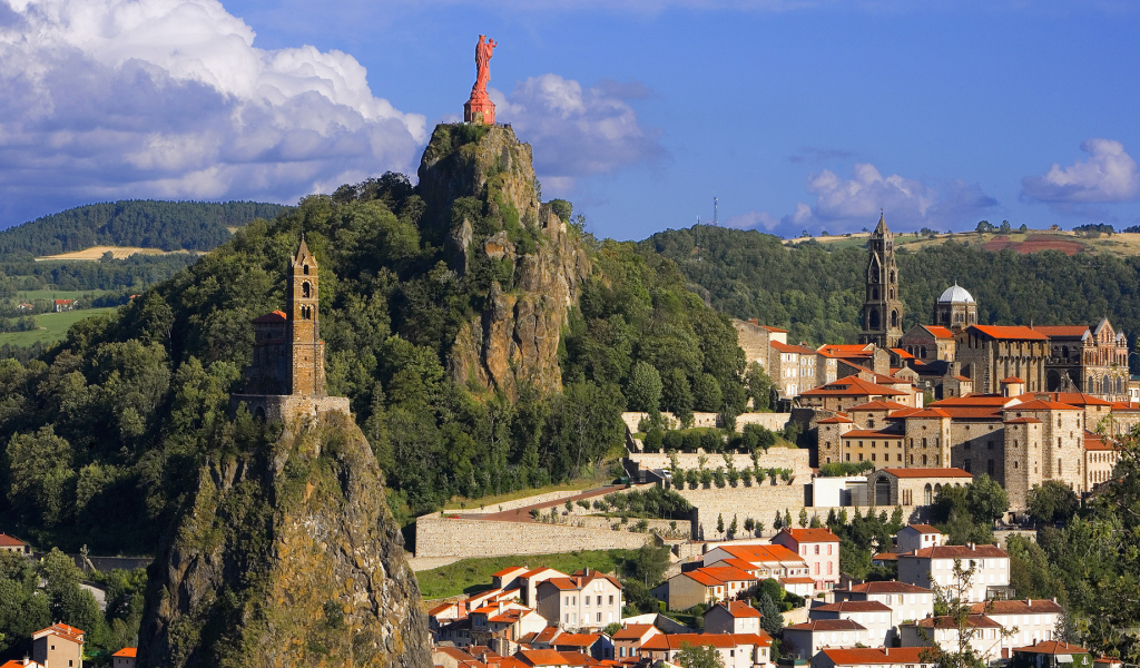 город, горы, статуя, le puy-en-velay, здания, france, франция