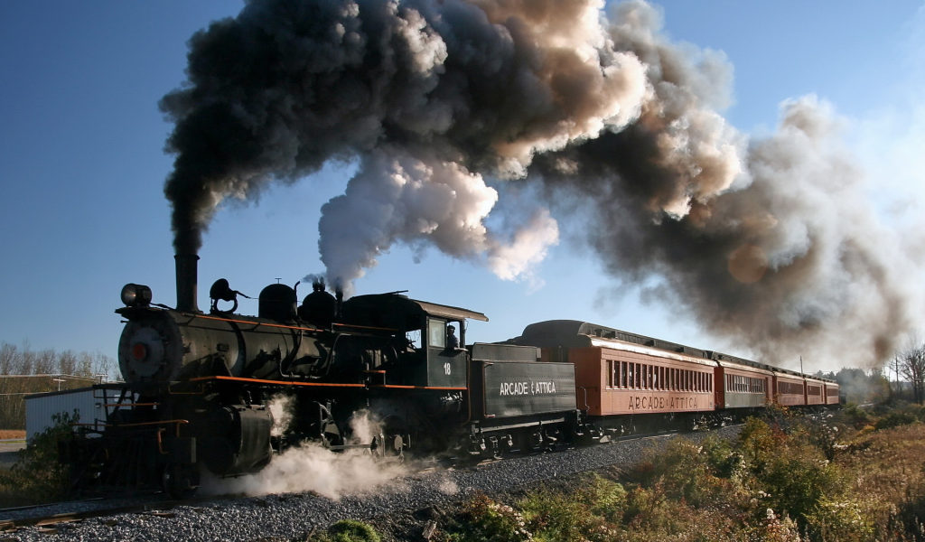 вагоны, поезд, дым из трубы