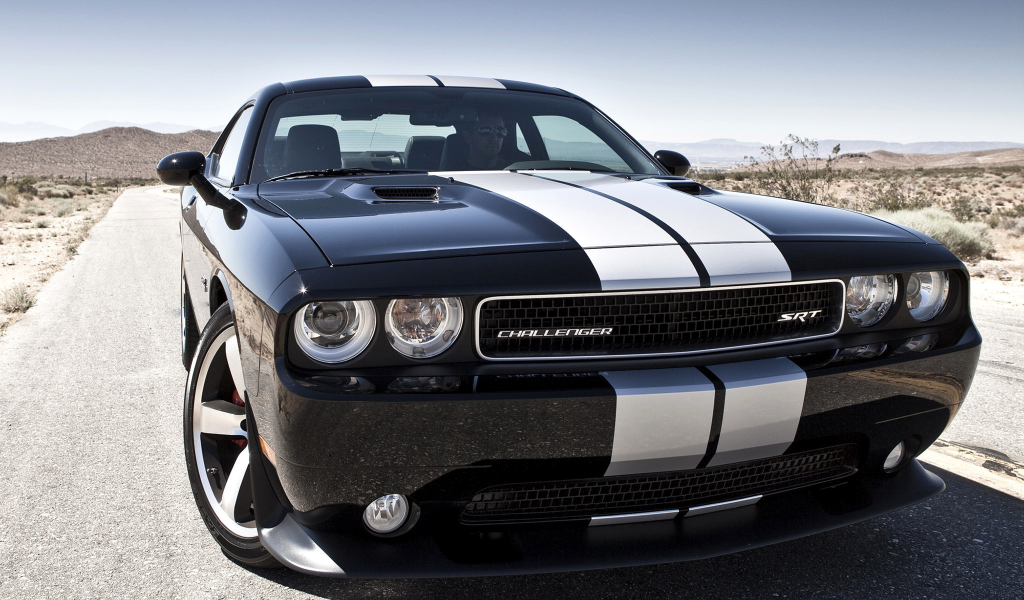 спортивные полосы, challenger, srt8, black, 392, чёрный, dodge, пустыня, передняя часть