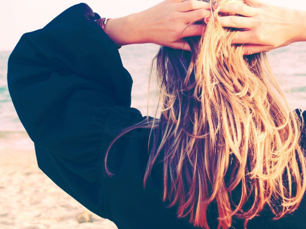 волосы, блондинка, вид с зади, девушка, пляж, море