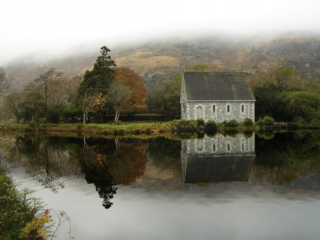 парк gougane barra, осень, ирландия, туман