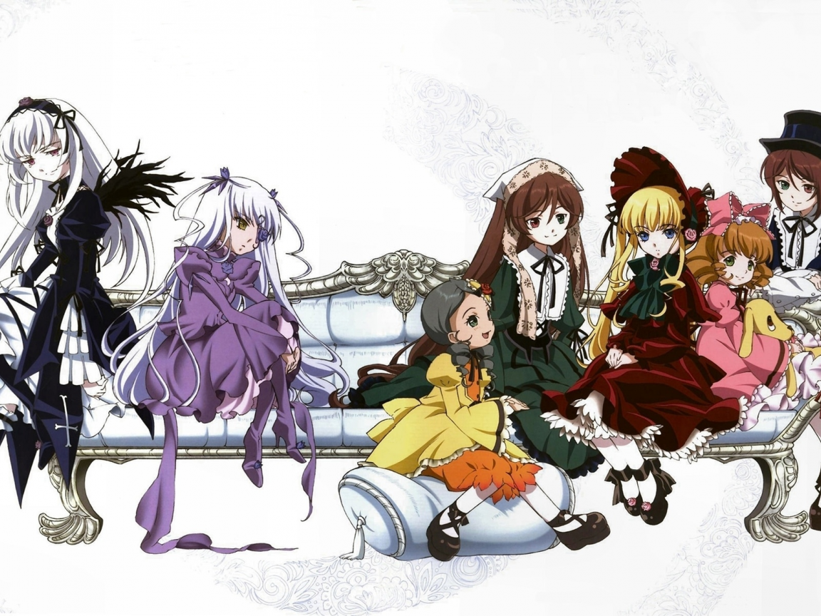 hinaichigo, rozen maiden, souseiseki, белый фон, suigintou, shinku, kanaria, диван, barasuishou, куклы, suiseiseki