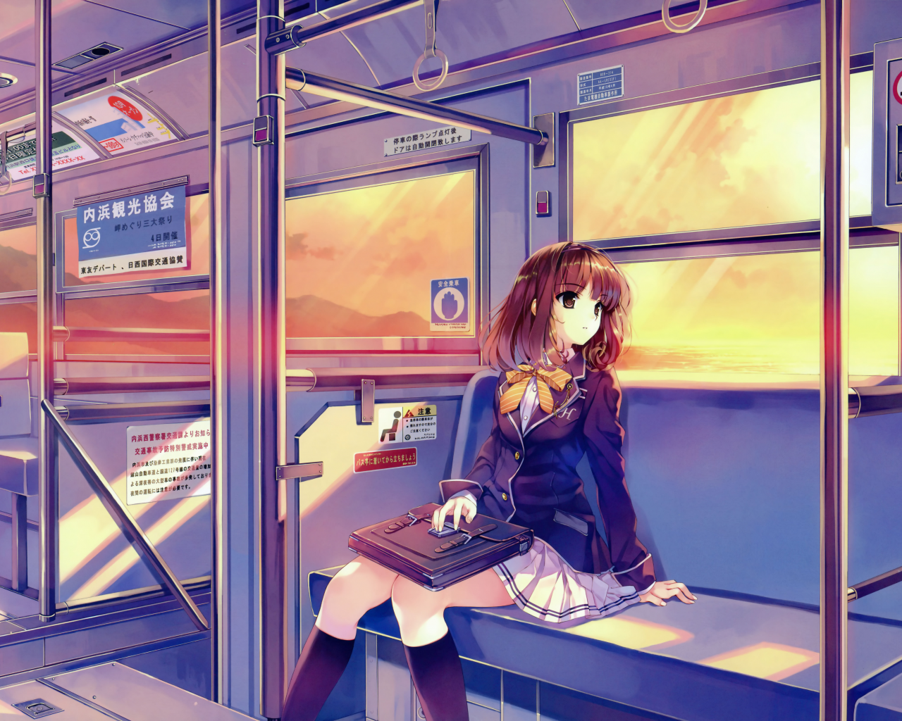 портфель, форма, поезд, девушка, школьница, смотрит в окно