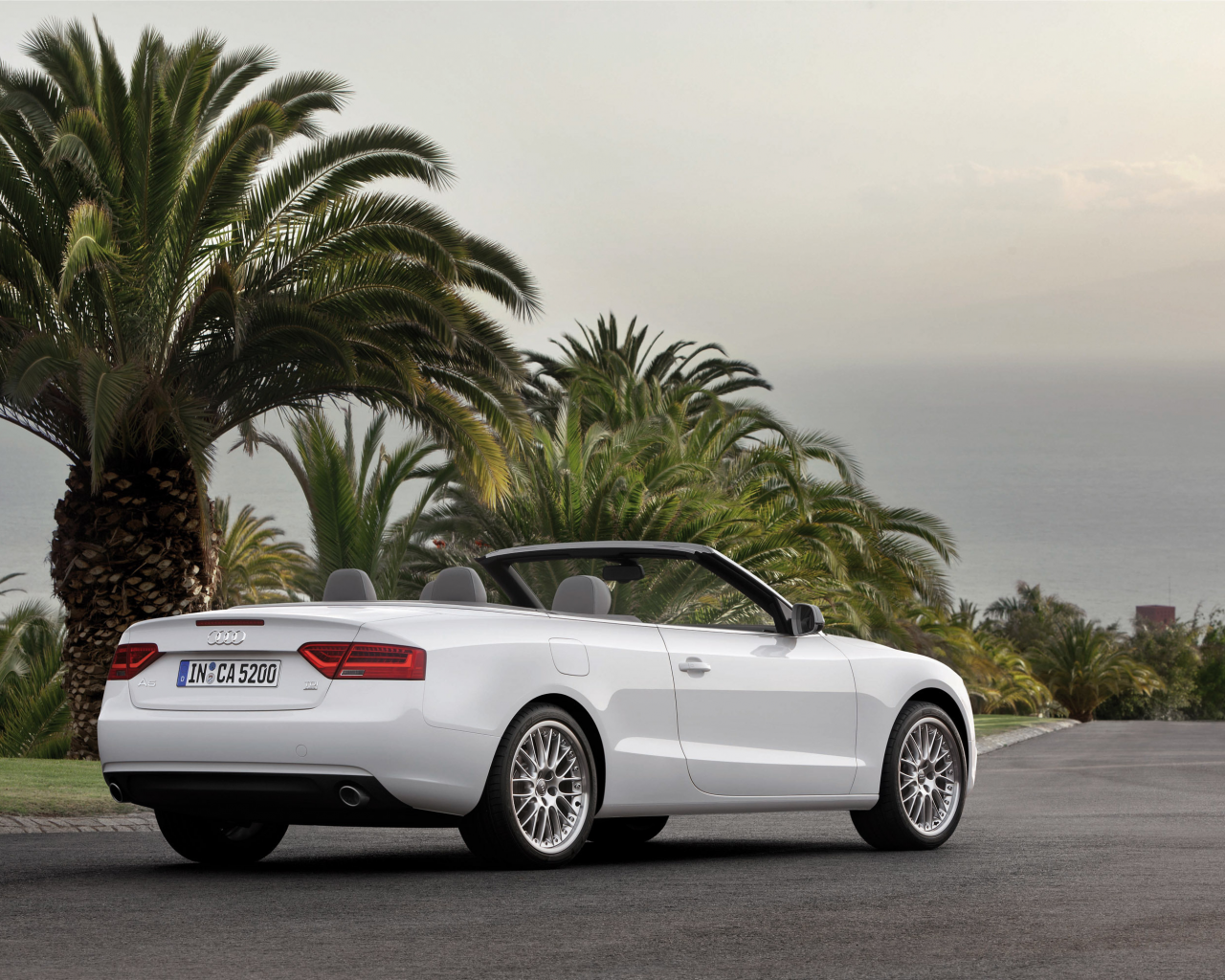 asphalt, пальмы, асфальт, машина, audi a5 cabriolet 2012, 2828x2000, sky, небо, palm trees, car