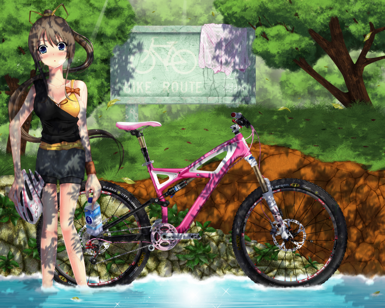 велосипед, лето, деревья, мокрая, девушка, natsu no ame, miyazawa midori, вода, река, бутылка
