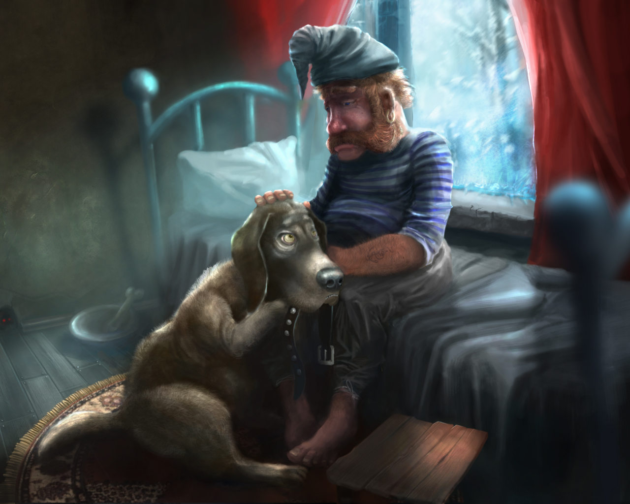 a dog and his boatsman, собака, боцман