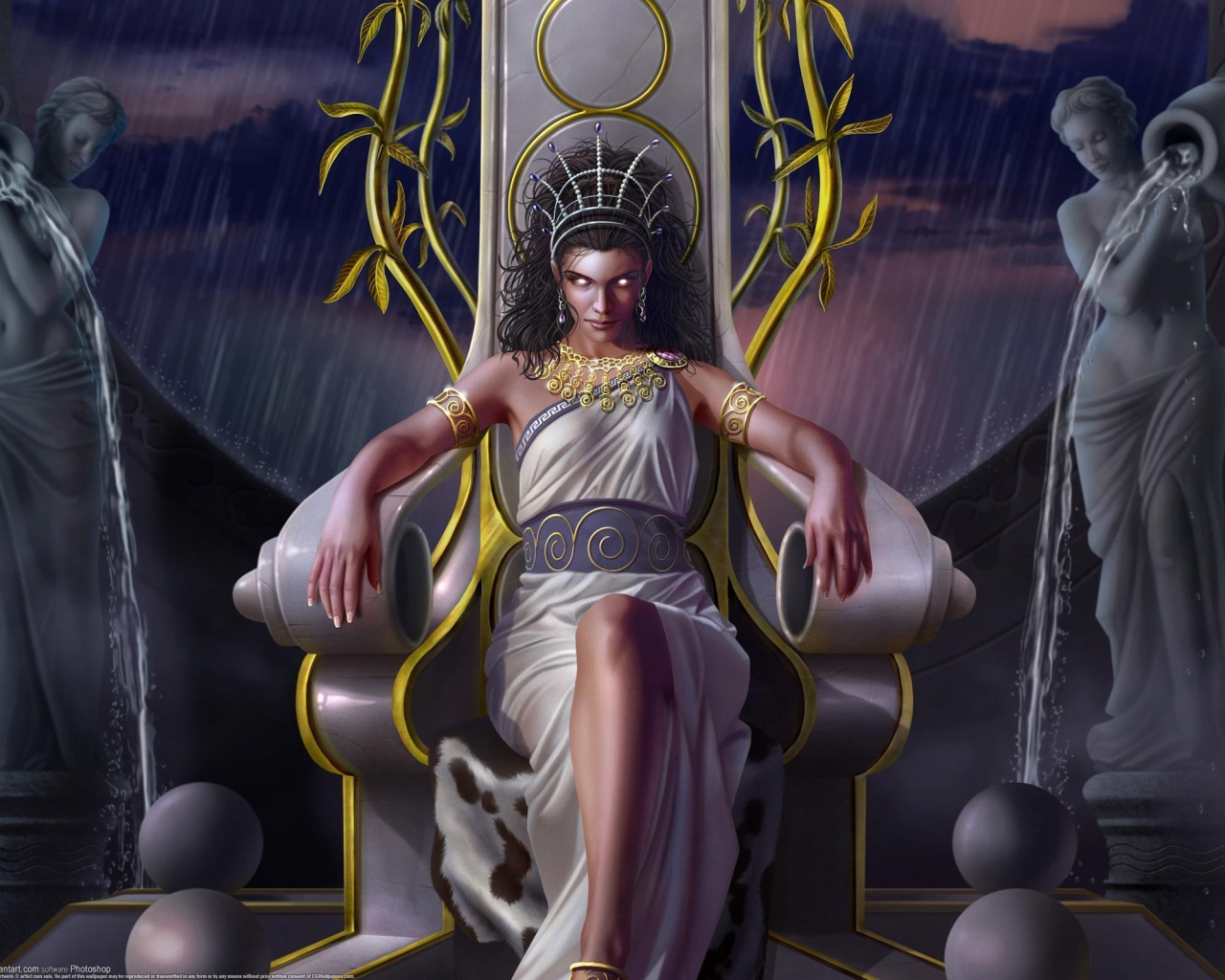 вода, дождь, богиня, девушка, трон, взгляд, арт, сидит, toni rodriguez, статуи