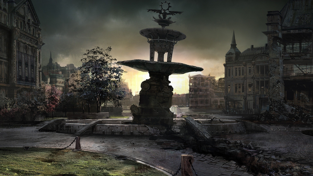 дома, фонтан, город, газон, gears of war 2, площадь, руины