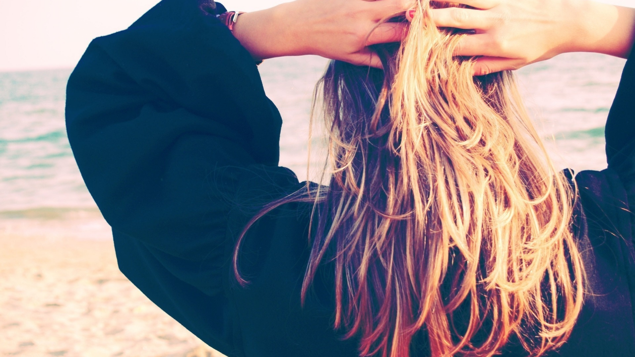 волосы, блондинка, вид с зади, девушка, пляж, море