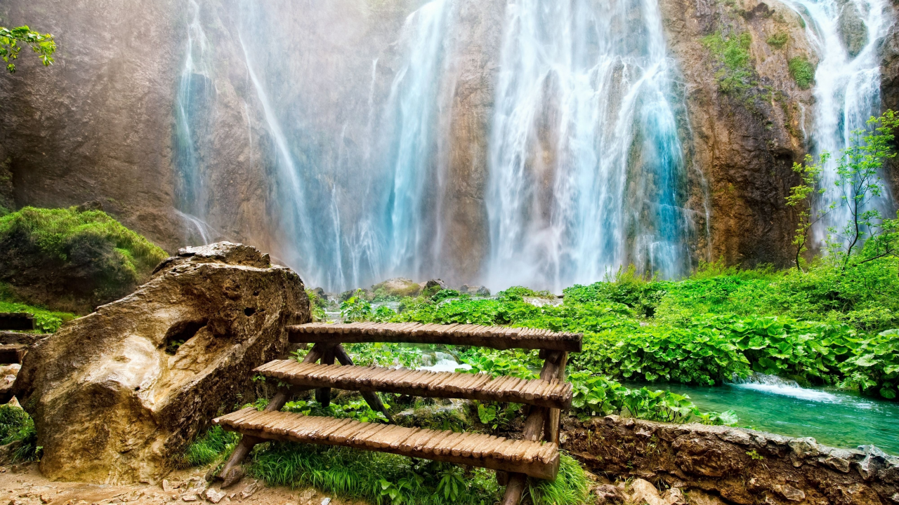 зелёная, растительность, красивейший, водопад, скалы, amazing waterfall, тропики