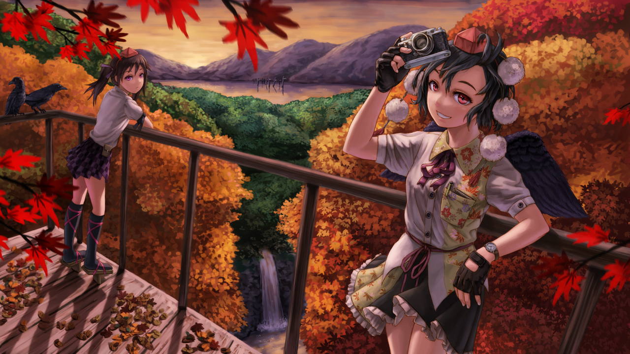 девочки, autumn beauty, цвета, деревья, водопад, опадающие, осень, яркие, листья, горы