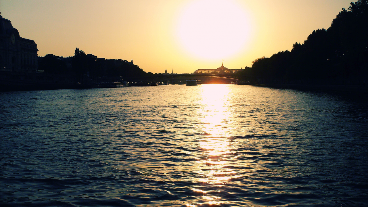 париж, мост, река, солнце, вода, закат, сена, корабль, франция