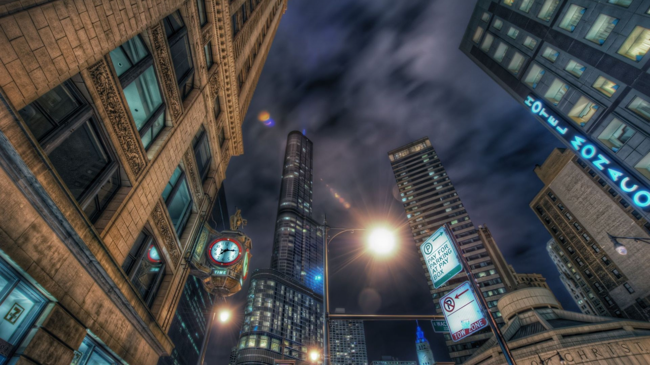 ночь, здания, chicago, небоскрёбы