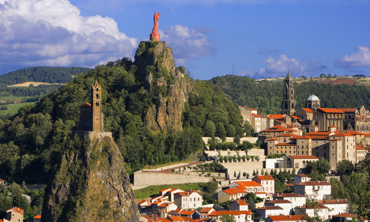 город, горы, статуя, le puy-en-velay, здания, france, франция