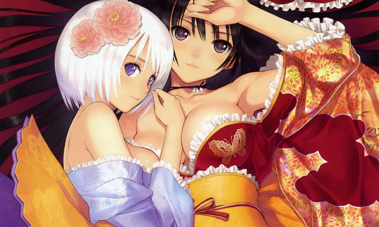 white hair, yukata, taka tony, black hair, веты