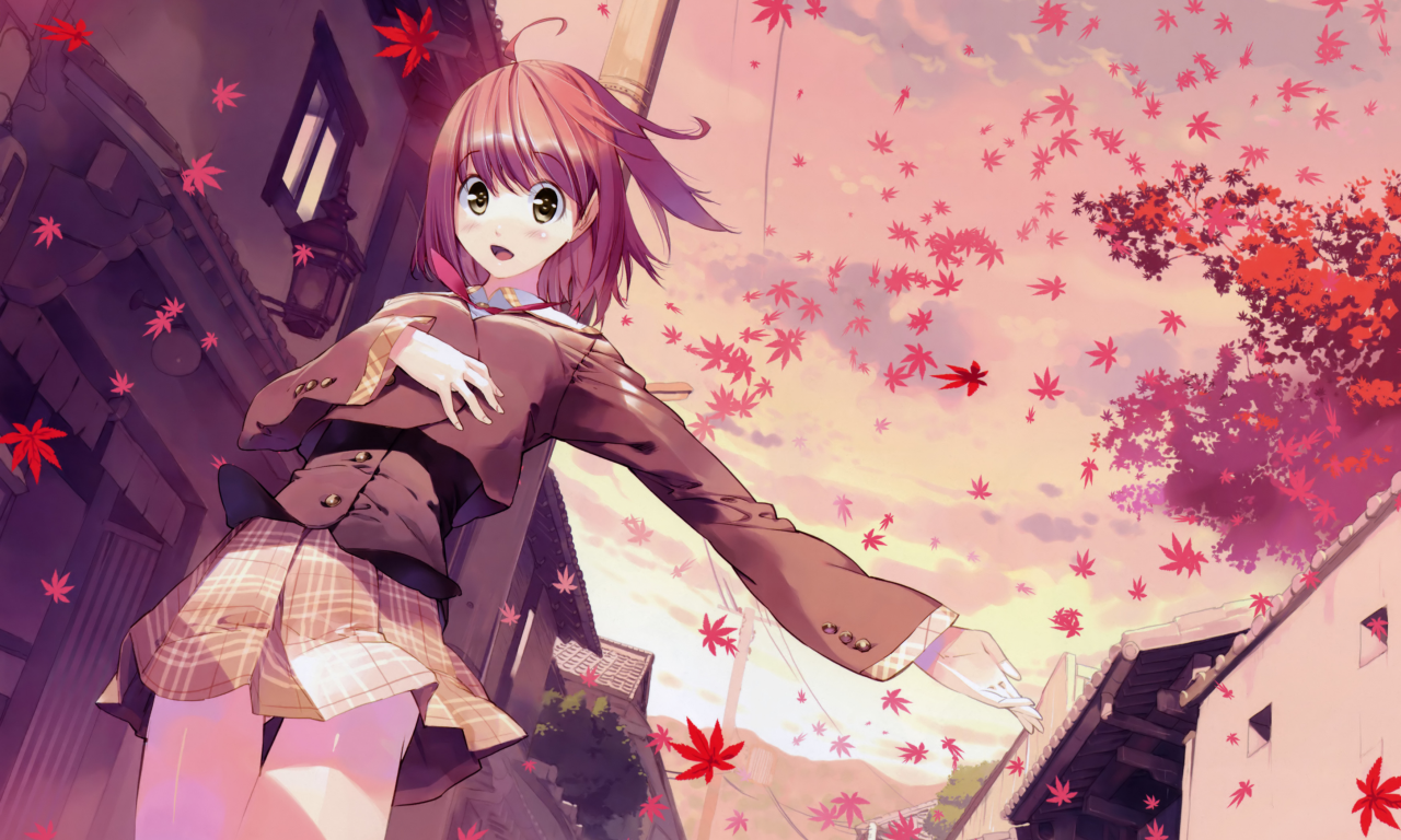 ветер, листья, аниме-девушка, akizora ni mau confetti