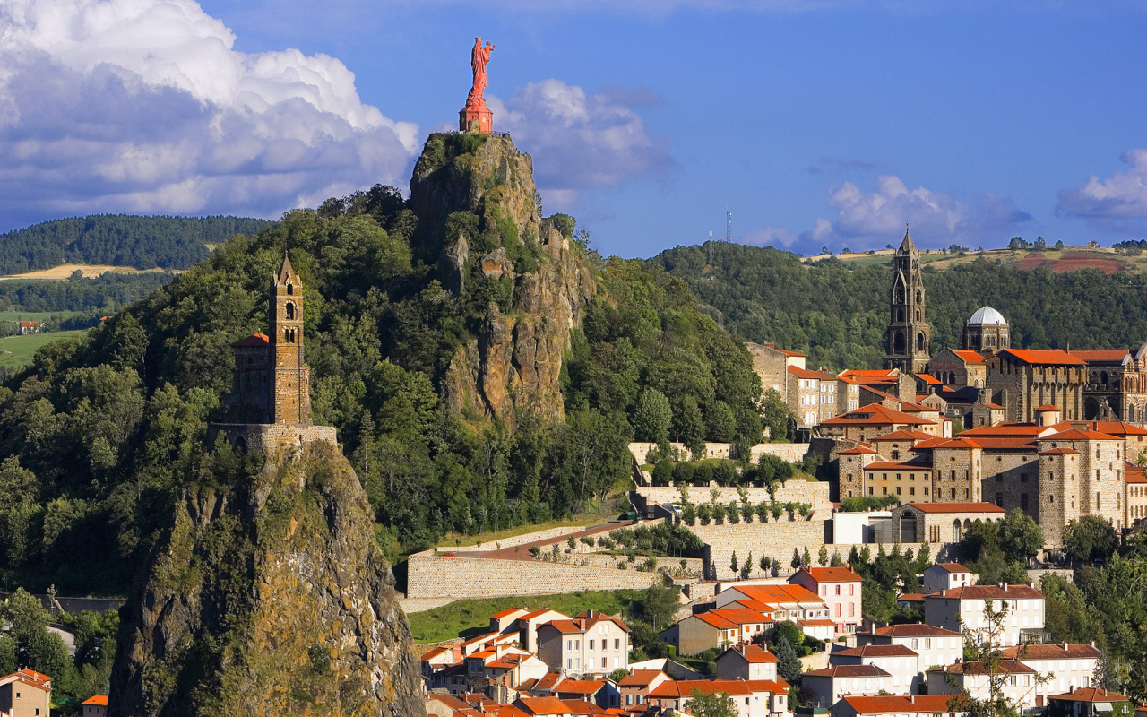 город, горы, статуя, le puy-en-velay, здания, france, франция