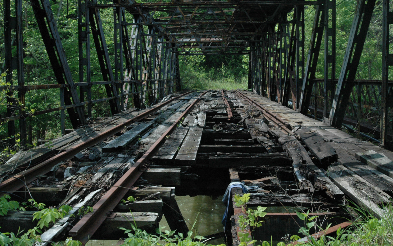 заброшен, разрушен, железнодорожный мост, рельсы