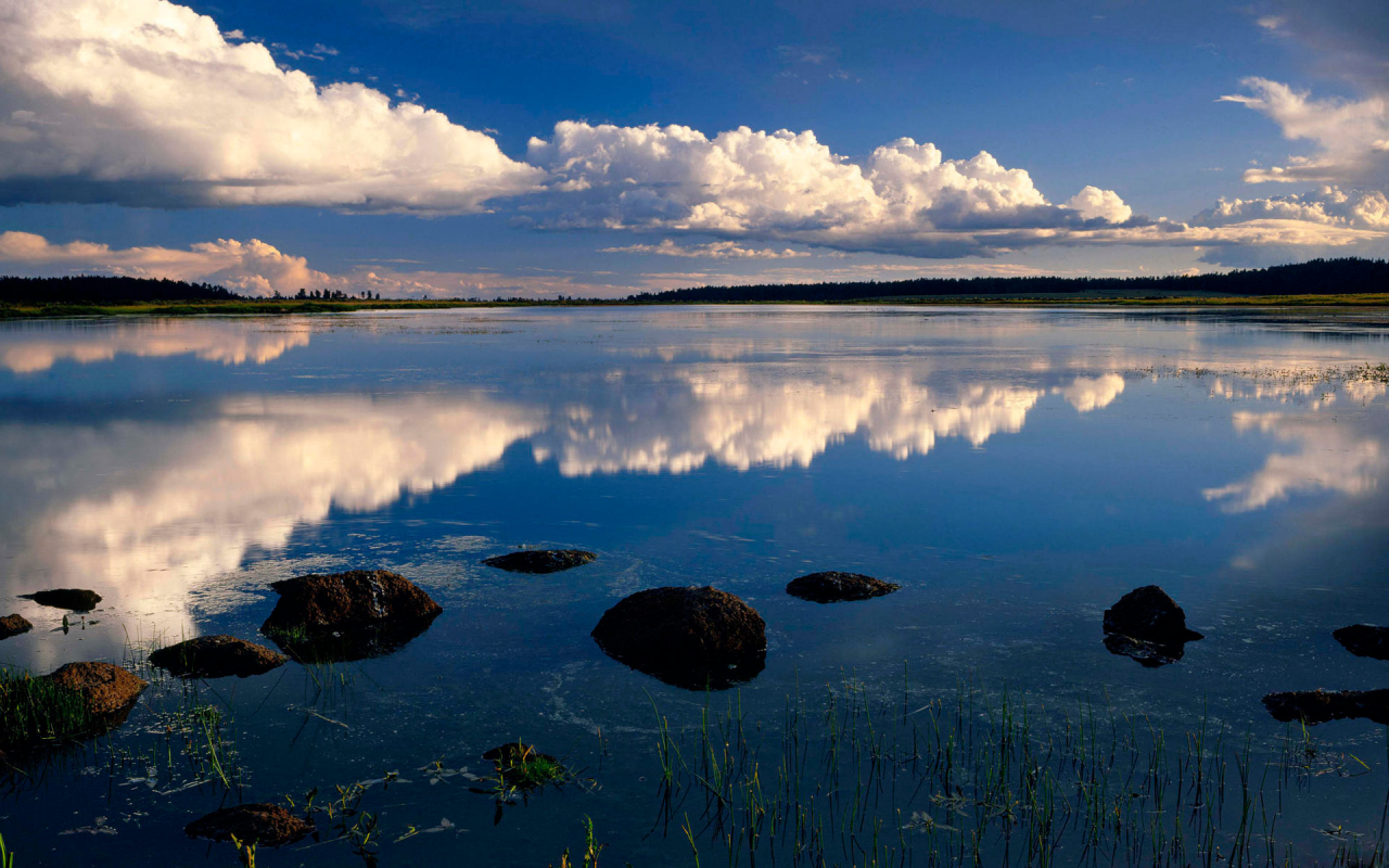 камни, деревья, фото, трава, озеро, природа, лес, облака, вода, небо, отражение