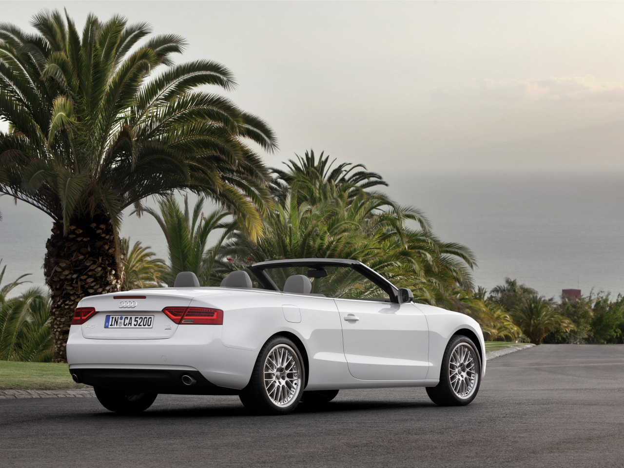 asphalt, пальмы, асфальт, машина, audi a5 cabriolet 2012, 2828x2000, sky, небо, palm trees, car