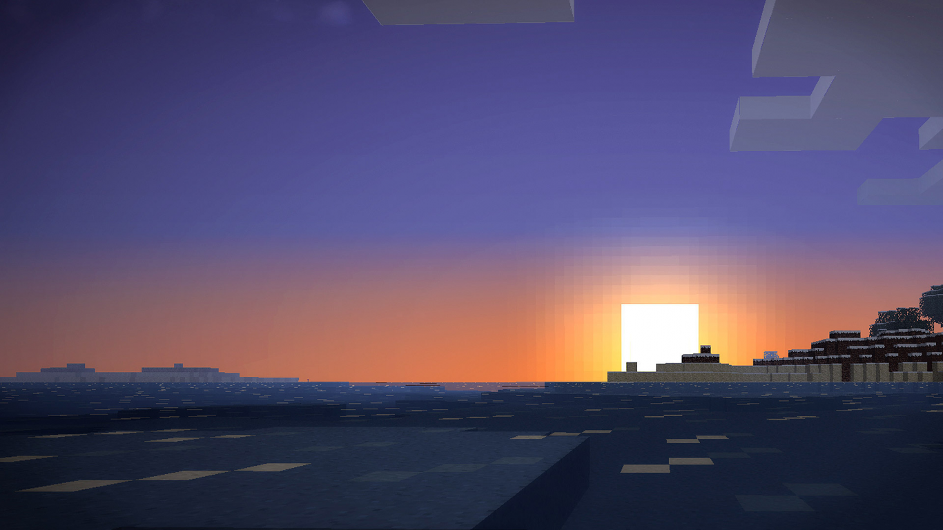 солнце, здания, облака, пиксельный мир, minecraft