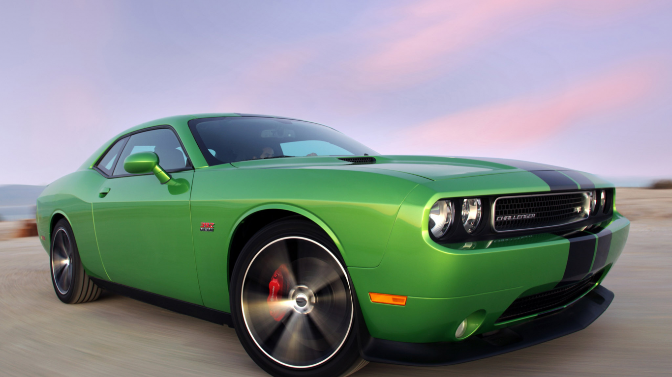 dodge, car, srt8, скорость, зеленый, облака, небо, challenger, 392 hemi, дорога, додж, muscle, авто