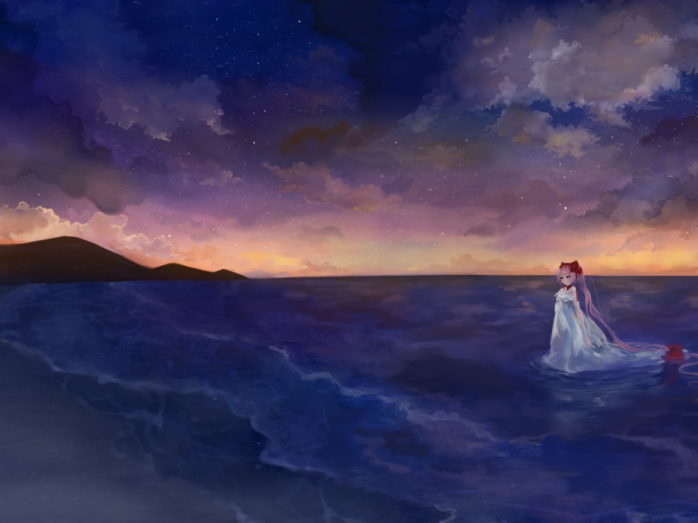 океан, одиночество, девочка, ночь, звёзды, romantic walk