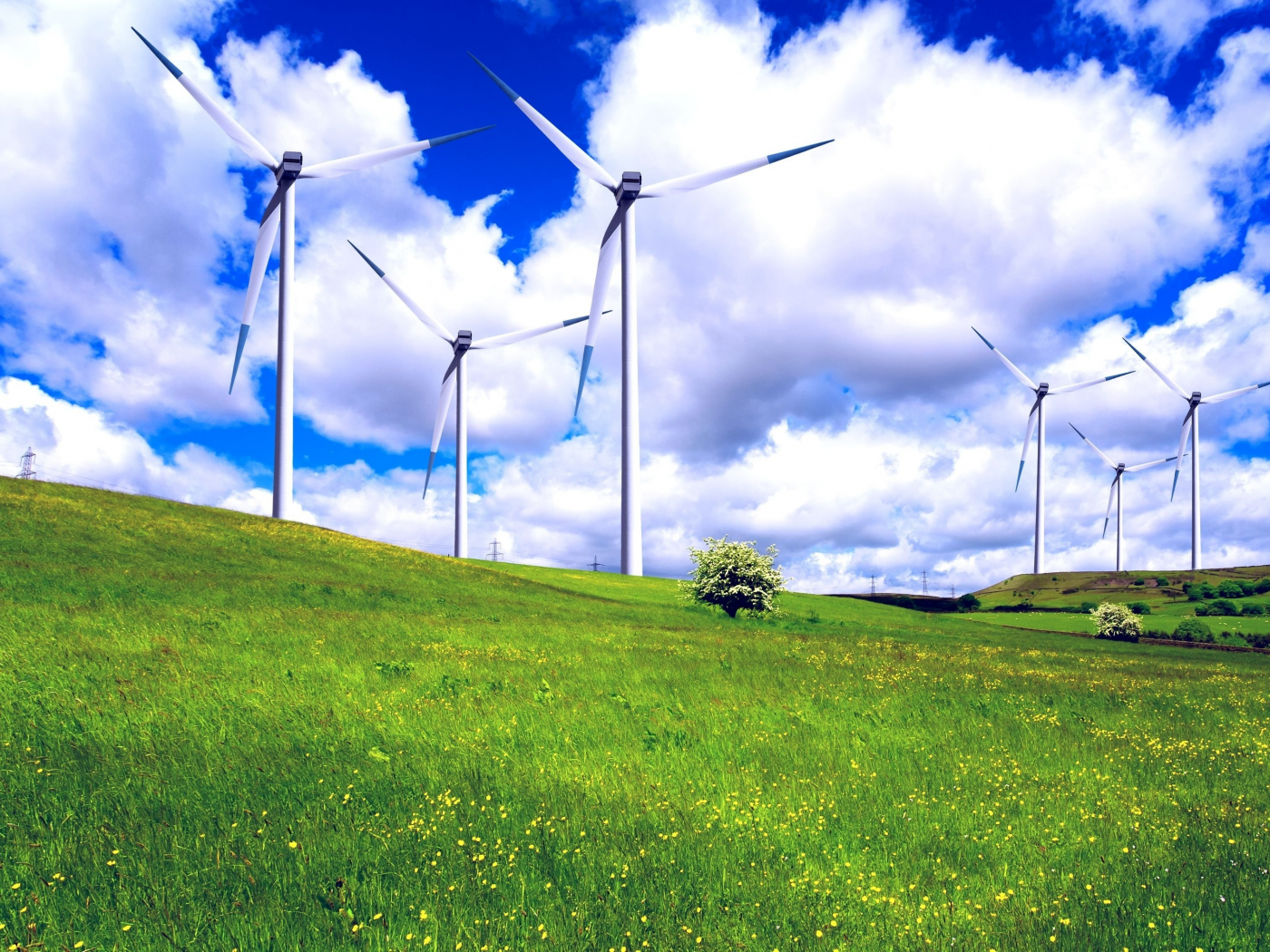 ветрогенераторы, поляна, трава, пейзаж, голубое, облака, зелёная, wind land, небо