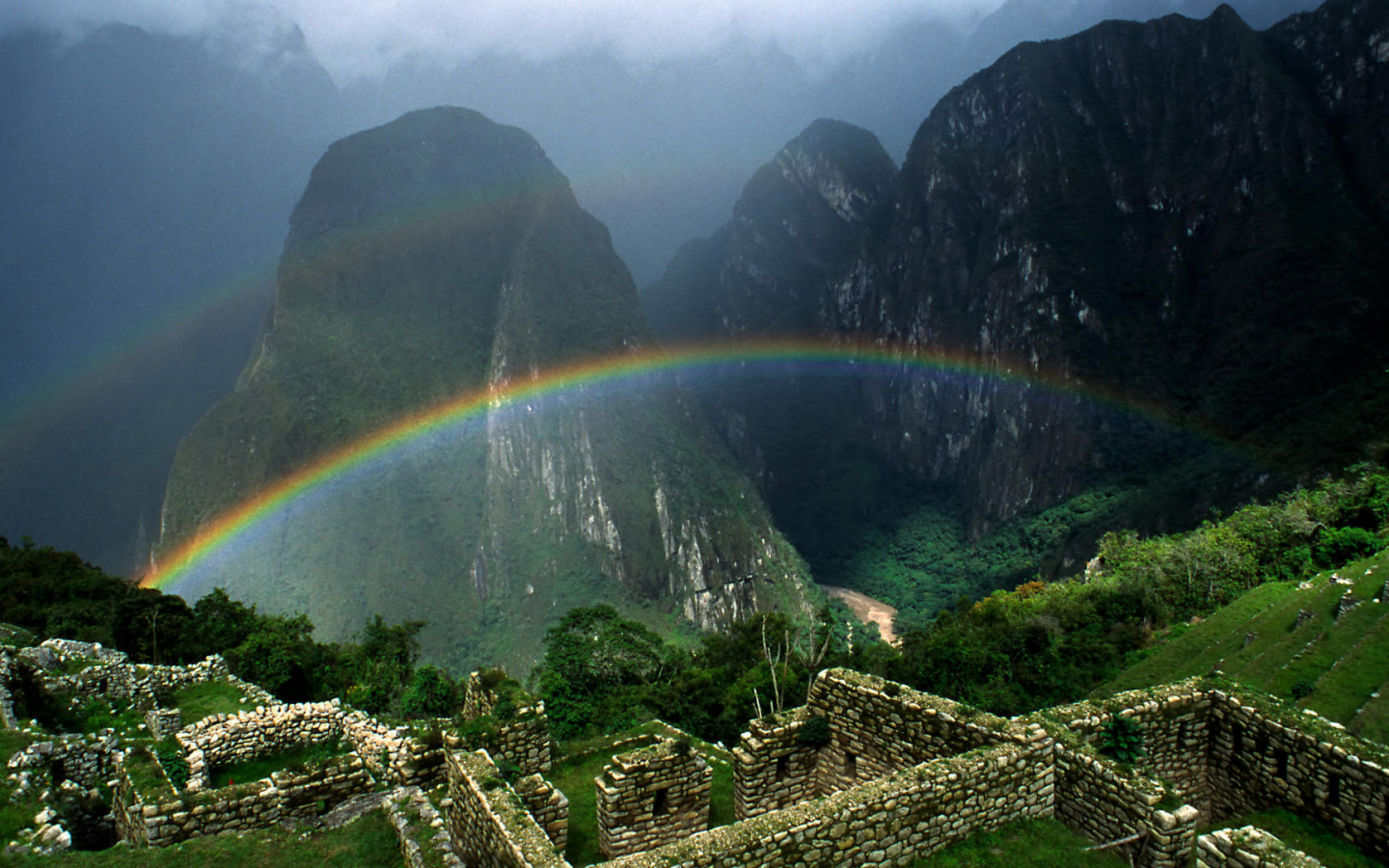 пейзаж, горы, ruins, зелень, mountains, rainbow, 1920x1080, радуга, landscape, greenery, руины, nature, природа