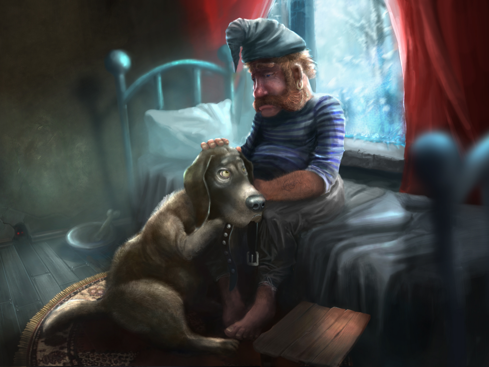 a dog and his boatsman, собака, боцман