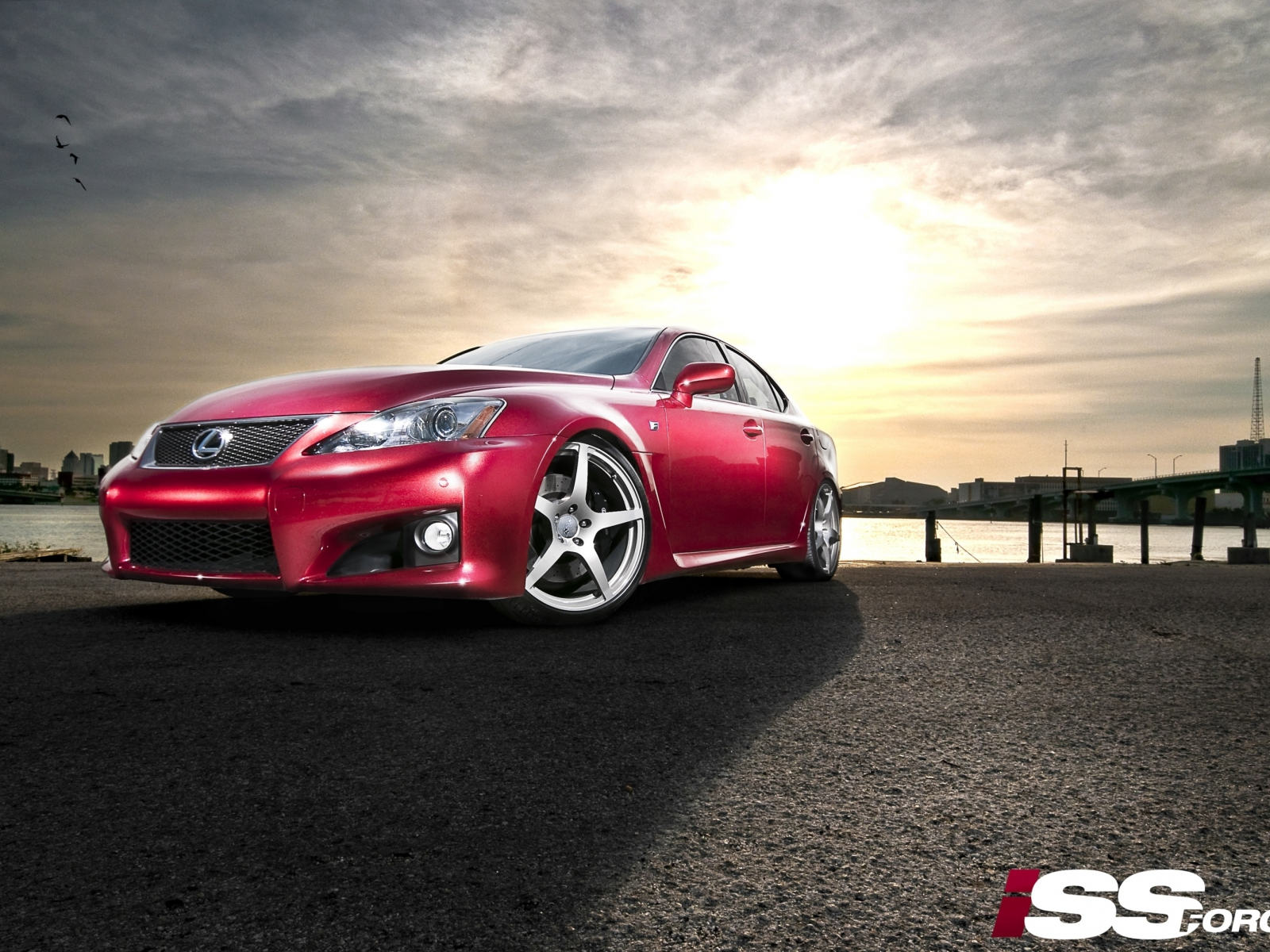 лексус, f-sport, 350, is, красный, закат, солнце, lexus, тень, причал, iss forged