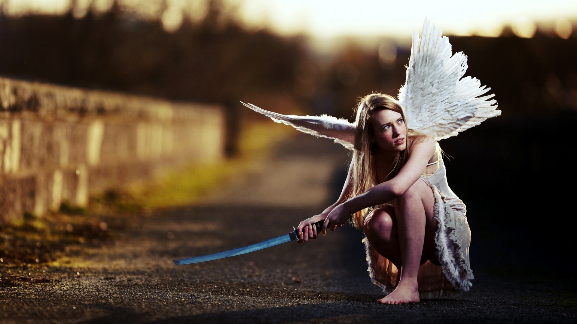 девушка-ангел, катана, дорога, крылья