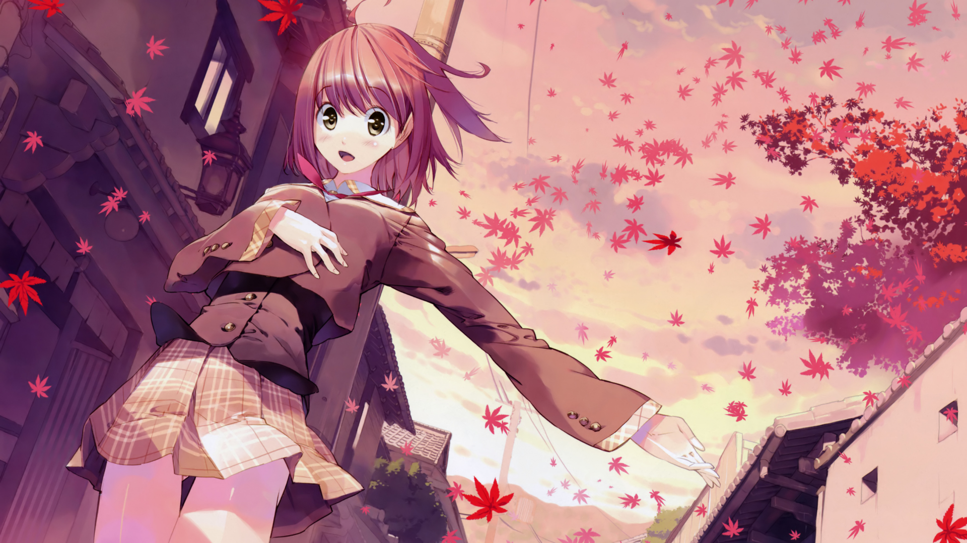 ветер, листья, аниме-девушка, akizora ni mau confetti
