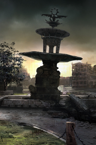 дома, фонтан, город, газон, gears of war 2, площадь, руины