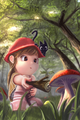 грибы, лес, кошка, early amazement, девочька