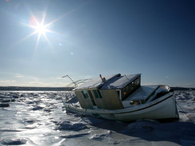 лодка, небо, катер, лучи, зима, фон, природа, солнце, обои, пейзаж, фото, лед