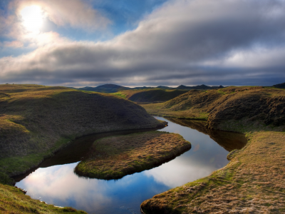 река, русло, исландия, холмы, природа